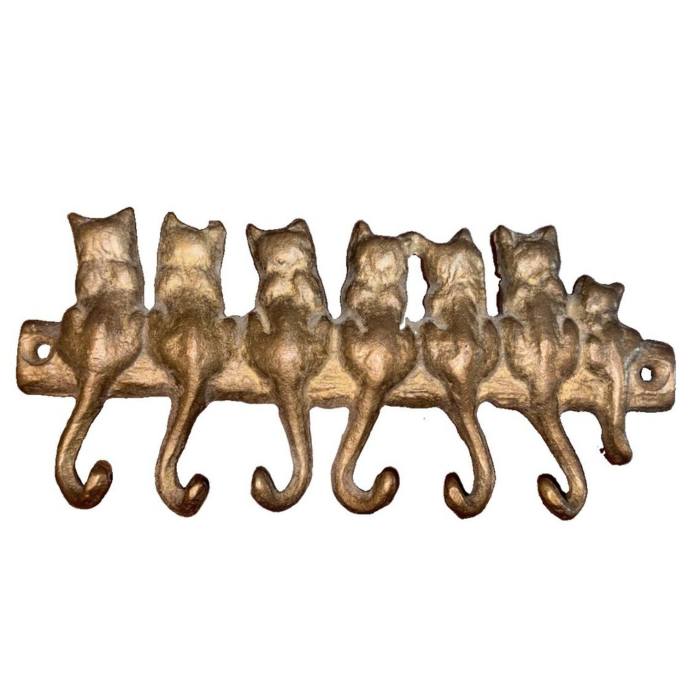 Vintage Antique Style Cast Brass Family Cat Wall Decor Hanging 6 Key Hooks 6.5"